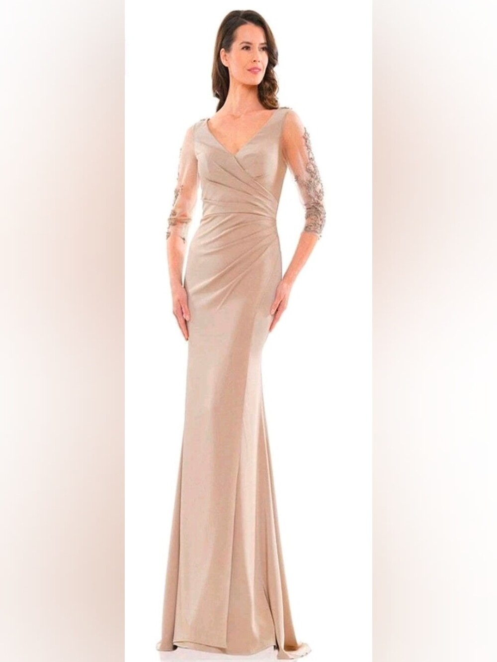 Marsoni NWT Beige Beaded Embroidered Sleeves Maxi Gown Dress Size 14 #MV1146